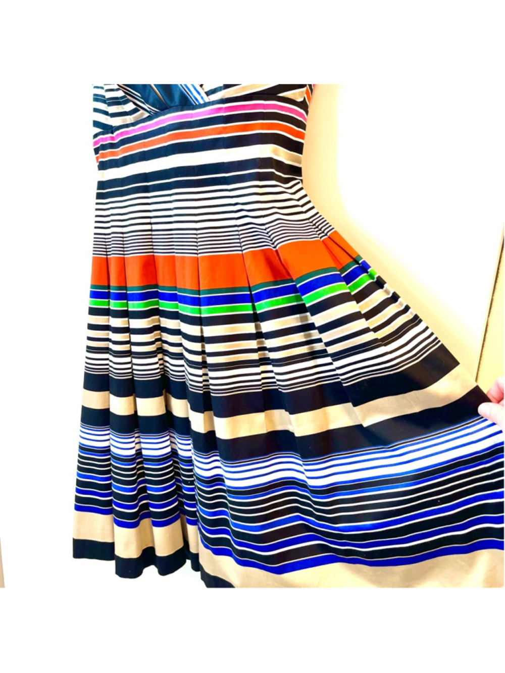 Calvin Klein Multicolor Striped Fit & Flare Pleated Sundress Cotton Stretch Midi - Picture 9 of 16